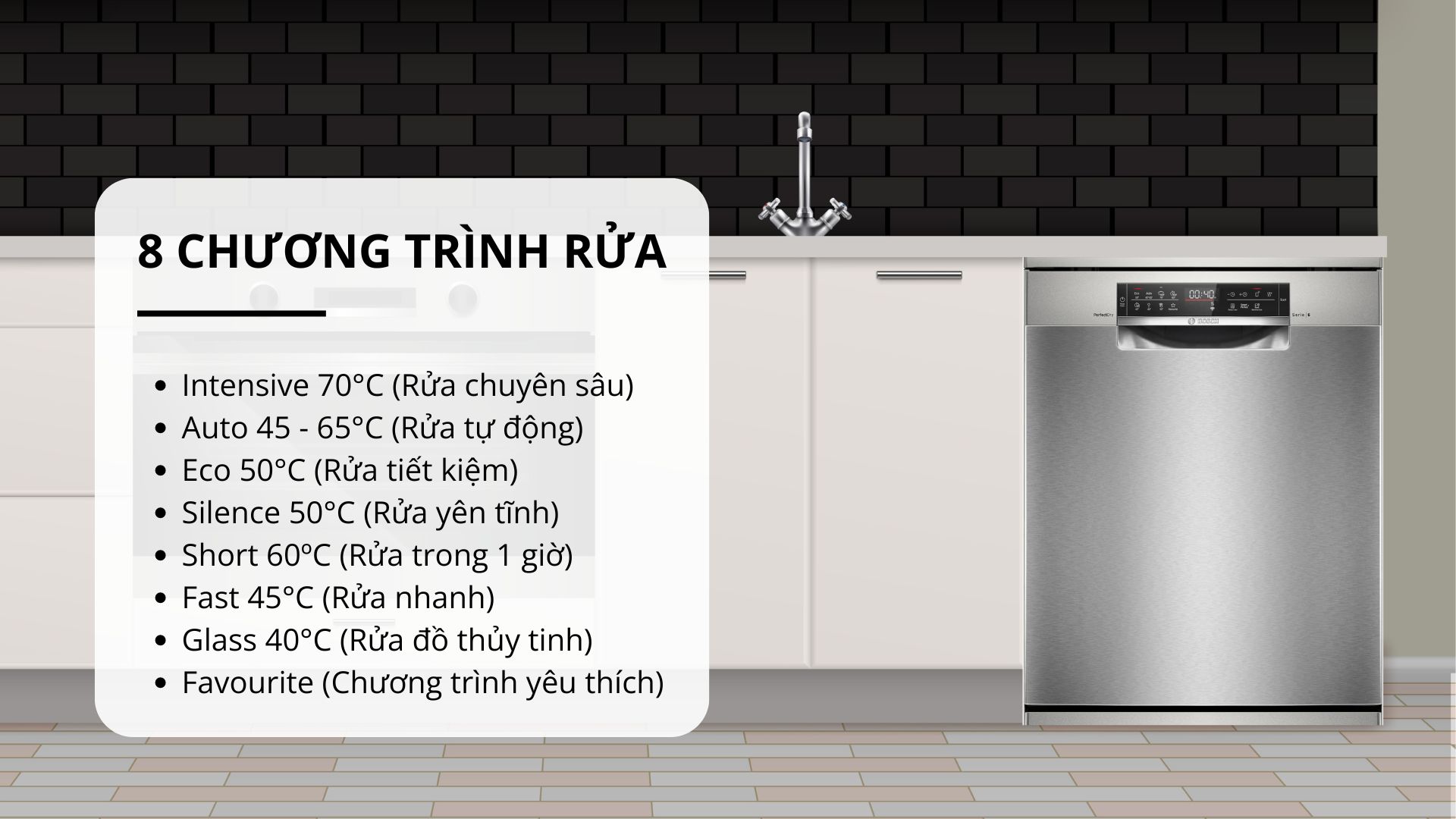 Máy rửa chén Bosch SMS6ZCI49E Series 6 Độc Lập - Các chương trình rửa Máy rửa chén Bosch SMS6ZCI49E Series 6 Độc Lập