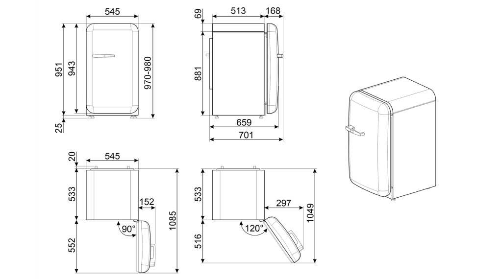 Tủ lạnh mini Smeg 122 lít FAB10 màu trơn - Thông số lắp đặt Tủ lạnh mini Smeg 122 lít FAB10 màu trơn