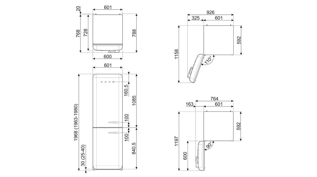 Tủ lạnh Smeg Inverter 331 lít FAB32 - Kích thước lắp đặt Tủ lạnh Smeg Inverter 331 lít FAB32