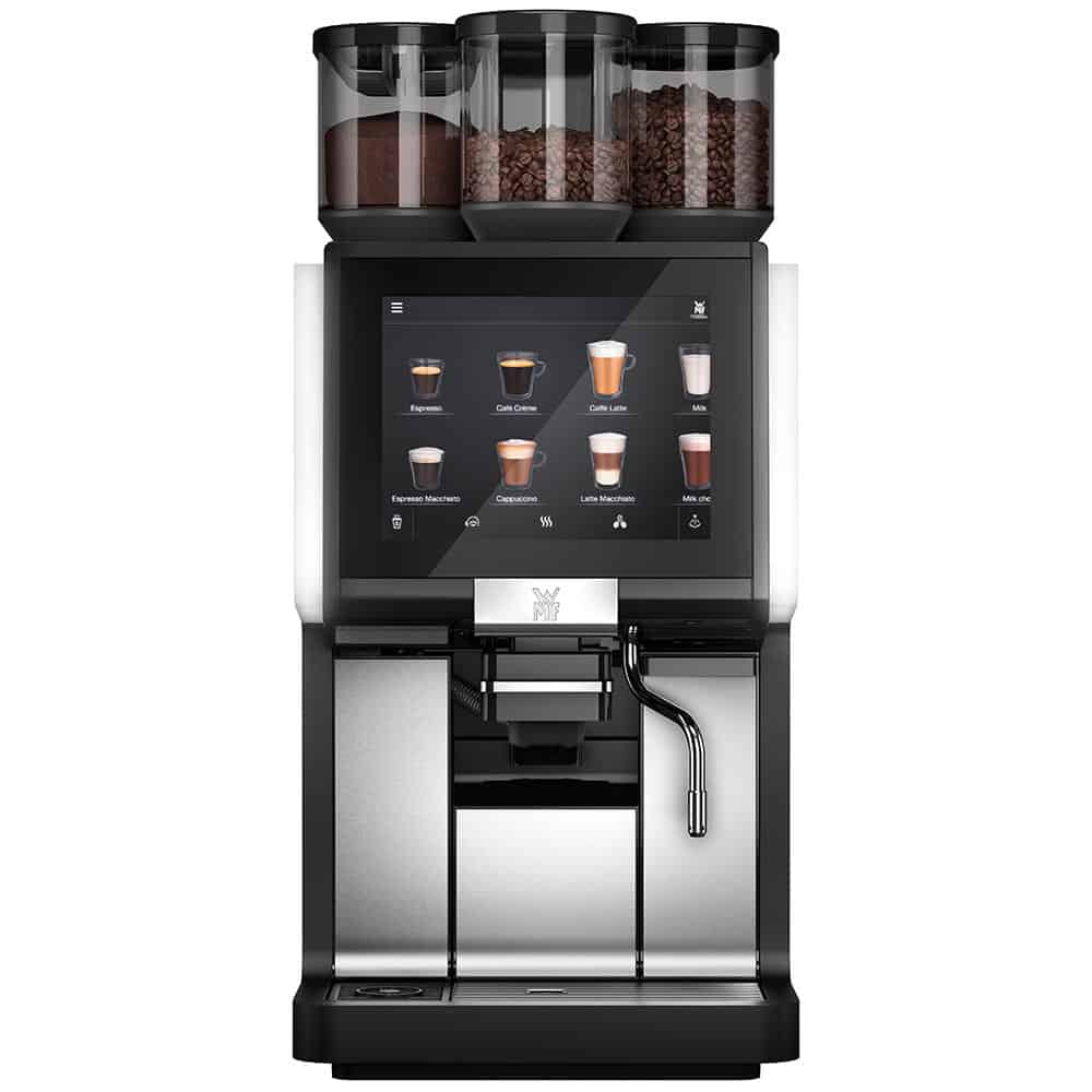 Máy Pha Cà Phê WMF 1500 S+ - 1 Thiết kế hướng đến nhu cầu chuyên nghiệp với hiệu suất lên đến 180 cup một ngày. Trang bị bộ phận chiết xuất với vật liệu polymer công nghệ cao có thể tháo rời và bền bỉ theo thời gian. Trang bị hệ thống máy xay hạt cà phê hiệu suất cao với thiết kế tối đa lên đến 3 phễu nguyên liệu. Trang bị màn hình cảm ứng sắc nét, có kích thước lớn lên đến 10 inch với các biểu tượng trực quan tương ứng với các loại thức uống cùng tính năng hiển thị quảng cáo đặc sắc. Trang bị kết nối thông minh qua ứng dụng Coffee Connect cho phép giám sát, thu thập các dữ liệu về thông tin bán hàng và thông tin dịch vụ khác liên quan đến sản phẩm. Trang bị hệ thống đánh sữa linh hoạt, tự động điều chỉnh vòi rót phù hợp với loại đồ uống và kích thước cup đã cài đặt. 100% nhập khẩu từ Đức & EU