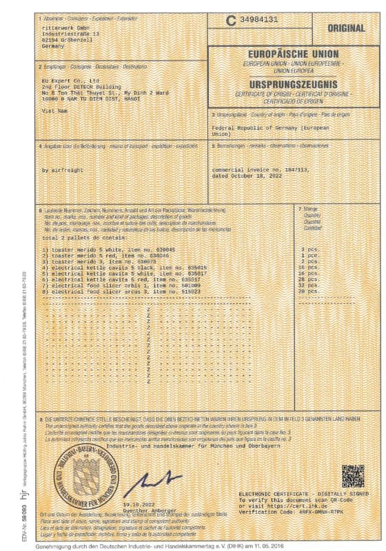 Ấm Siêu Tốc Ritter Fontana 5 16 EU Expert Certificate of Origin page 0001 Gia Dụng Đức Đà Nẵng