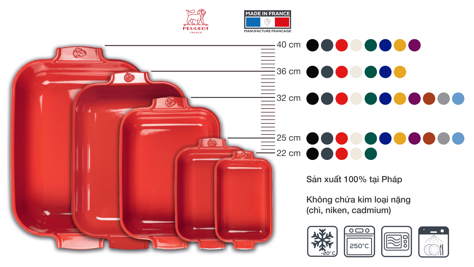 Khay nướng chữ nhật gốm Peugeot Appolia - Chi tiết màu sắc và kích thước Khay nướng chữ nhật gốm Peugeot Appolia