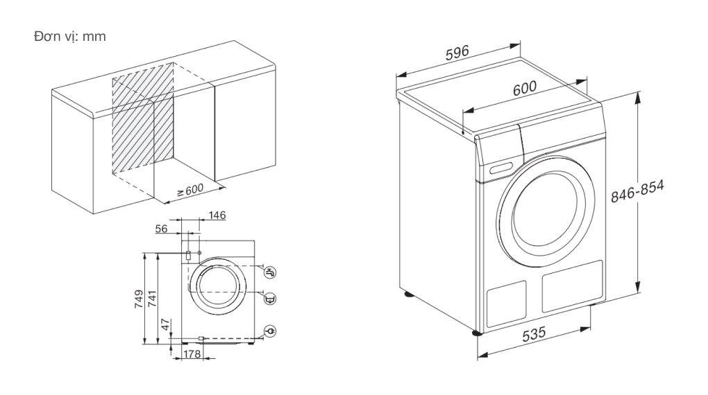 Máy giặt Miele 9 kg WCR860WPS W1 - Thông số lắp đặt Máy giặt Miele 9 kg WCR860WPS W1