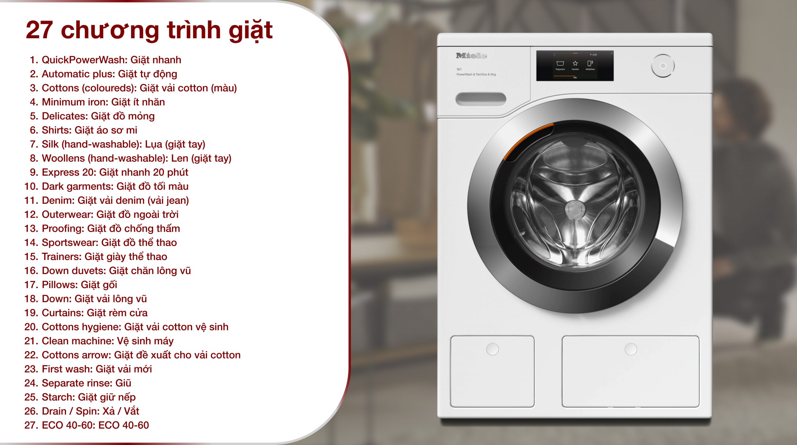 Máy giặt Miele 9 kg WCR860WPS W1 - Chương trình giặt đa dạng của Miele WCR860WPS W1 9kg Máy giặt Miele 9 kg WCR860WPS W1