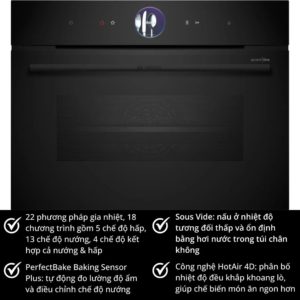 22 phương pháp gia nhiệt, 18 chương trình gồm 5 chế độ hấp, 13 chế độ nướng, 4 chế độ kết hợp cả nướng & hấp Sous Vide: nấu ở nhiệt độ tương đối thấp và ổn định bằng hơi nước trong túi chân không PerfectBake Baking Sensor Plus: tự động đo lường độ ẩm và điều chỉnh chế độ nướng Công nghệ HotAir 4D: phân bố nhiệt độ đều khắp khoang lò, giúp chế biến món ăn ngon hơn 100% nhập khẩu từ Đức & EU Bảo hành: 24 Tháng