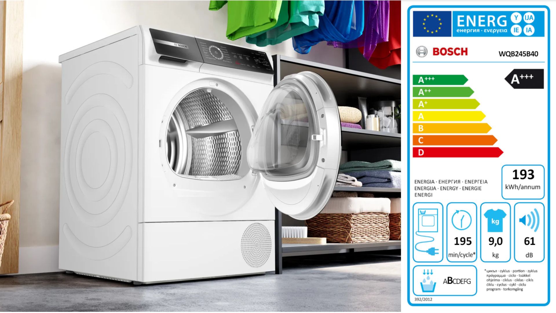 Máy sấy bơm nhiệt Bosch 9 kg WQB245B40 Series 8 - Tiết kiệm năng lượng nhãn A+++ Máy sấy bơm nhiệt Bosch 9 kg WQB245B40 Series 8