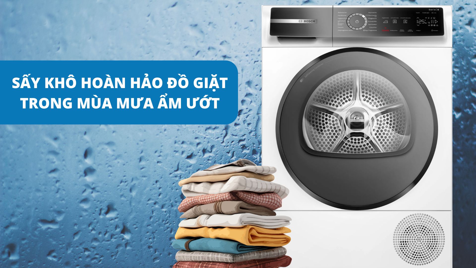 Máy sấy bơm nhiệt Bosch 9 kg WQB245B40 Series 8 - Sấy khô hoàn hảo đồ giặt Máy sấy bơm nhiệt Bosch 9 kg WQB245B40 Series 8