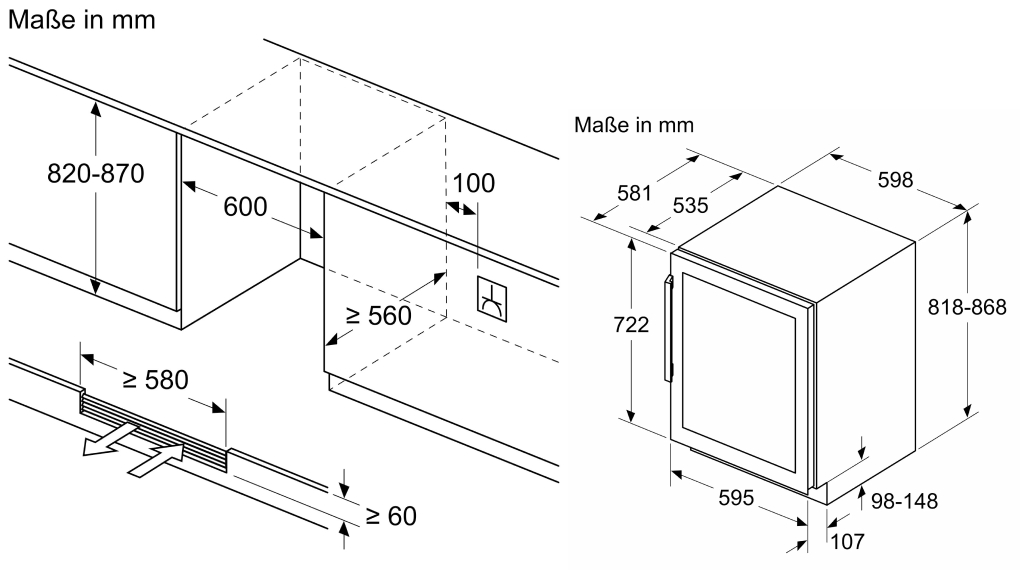 Tủ bảo quản rượu vang Bosch KUW21AHG0 Serie 6 44 chai âm tủ - Thông số lắp đặt Tủ bảo quản rượu vang Bosch KUW21AHG0 Serie 6 44 chai âm tủ