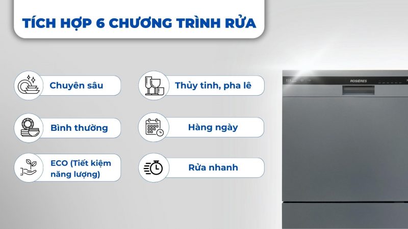 Máy rửa chén Rosières RDCP 8S-04 - Tích hợp 6 chương trình rửa Máy rửa chén Rosières RDCP 8S-04
