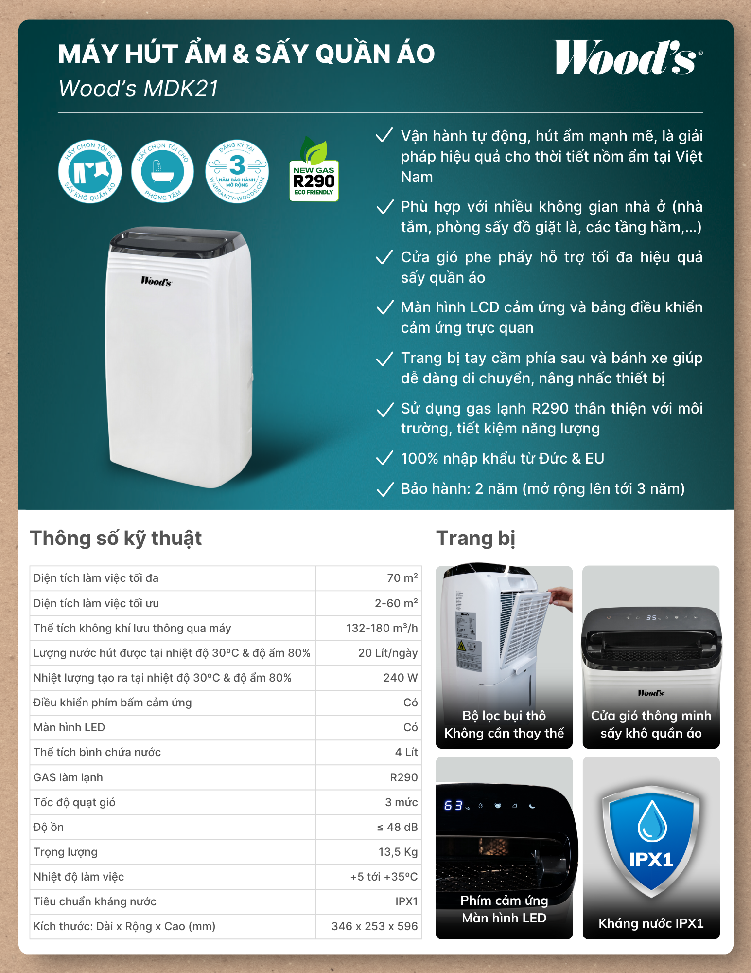 Máy hút ẩm Wood’s MDK21 - Thông tin sản phẩm Máy hút ẩm Wood’s MDK21