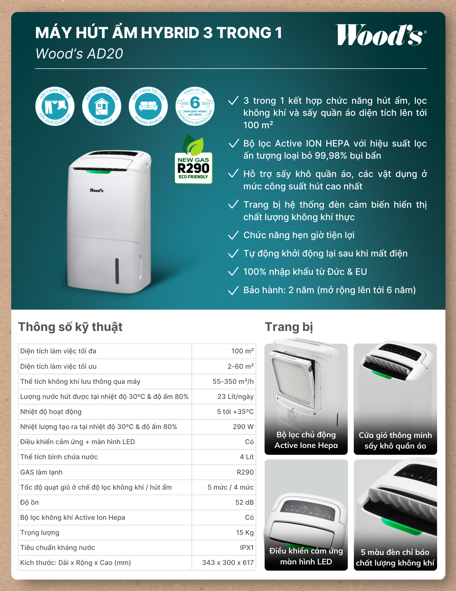 Máy hút ẩm kèm lọc không khí Wood's AD20 - Thông tin sản phẩm AD20 2 Gia Dụng Đức Đà Nẵng