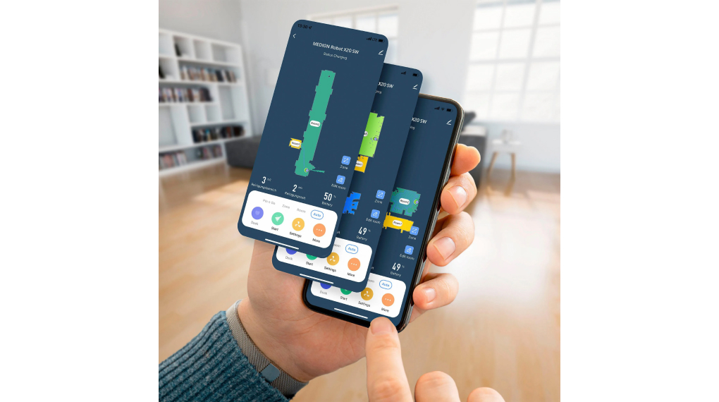 Robot hút bụi lau nhà Medion MD 11500 X21 SW - Điều khiển từ xa thông qua ứng dụng Medion life+ trên điện thoại di động Robot hút bụi lau nhà Medion MD 11500 X21 SW