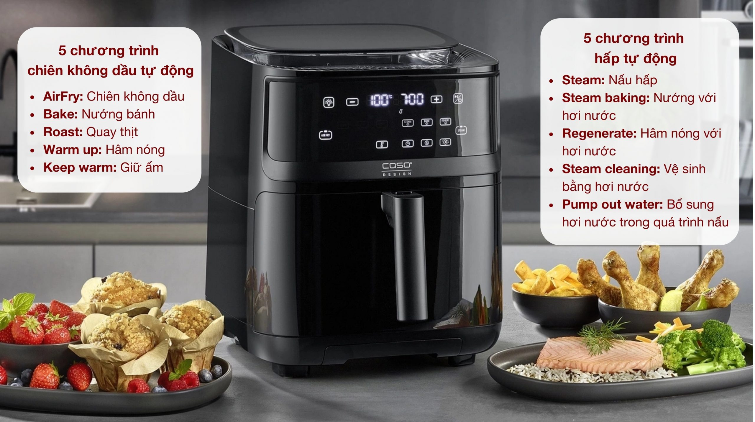 Nồi chiên không dầu kèm hấp CASO AirFry & Steam 700 10 Nồi chiên không dầu kèm hấp CASO AirFry & Steam 700