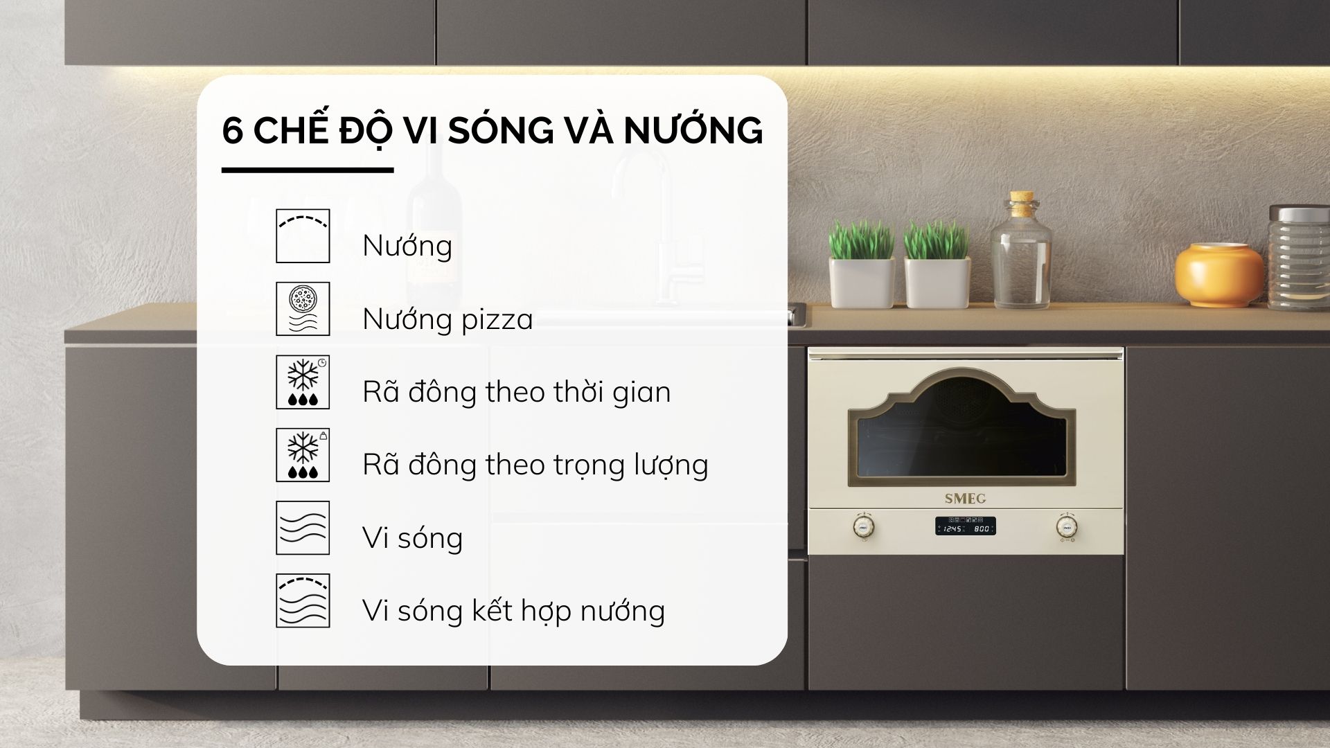 Lò vi sóng kèm nướng SMEG Cortina MP722PO - Các chế độ Lò vi sóng kèm nướng SMEG Cortina MP722PO