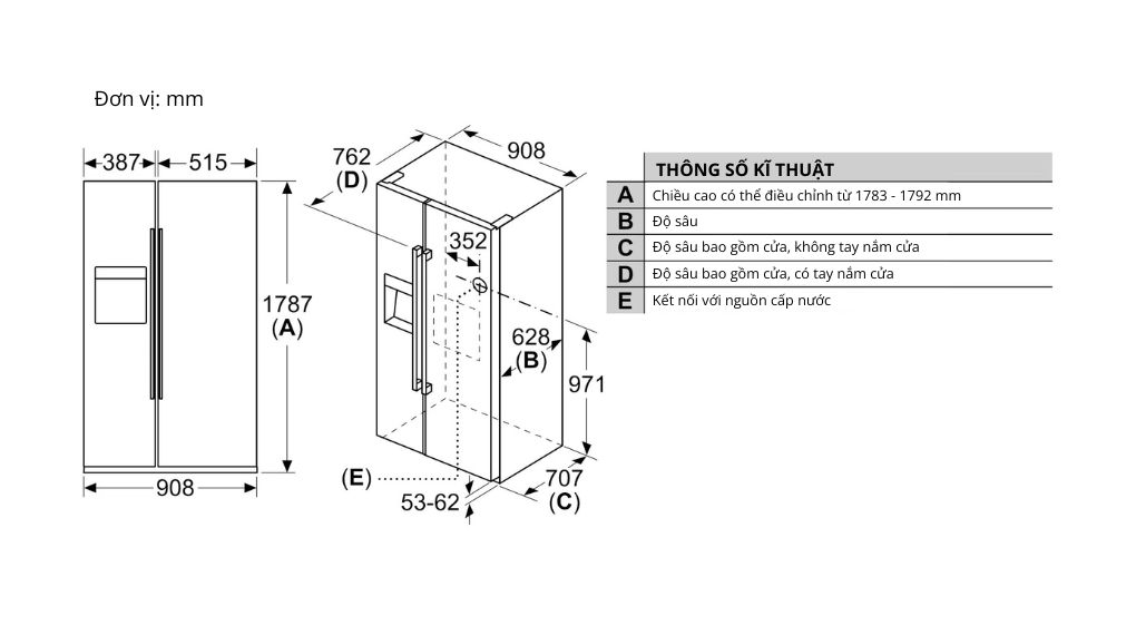Tủ lạnh side by side Bosch 562 L KAD93ABEP Serie 6 - Thông số lắp đặt Tủ lạnh side by side Bosch 562 L KAD93ABEP Serie 6