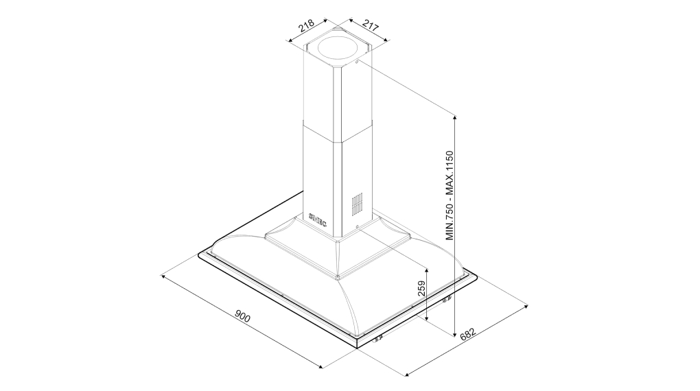 Máy hút mùi áp tường Smeg Cortina KCI19 - Kích thước lắp đặt Máy hút mùi áp tường Smeg Cortina KCI19