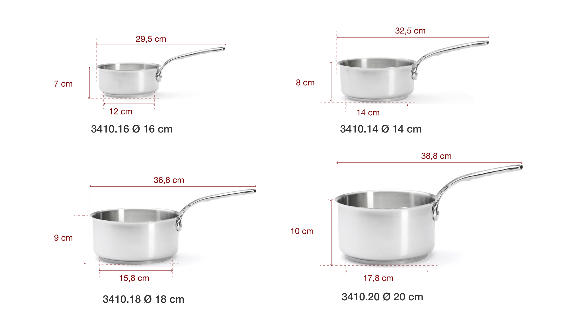 Quánh inox De Buyer 3410 Milady - Chi tiết kích thước Quánh inox De Buyer 3410 Milady