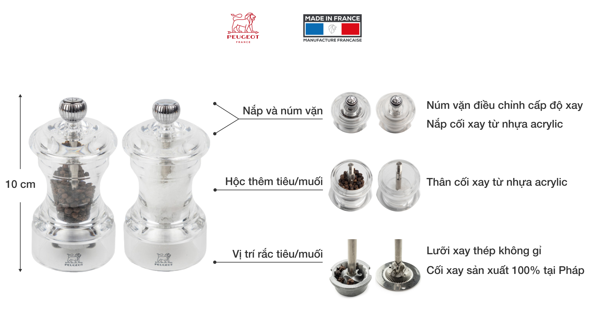 Set cối xay tiêu muối thủ công Peugeot Bistro DUO Transparent 10 cm - Chi tiết các bộ phận Set cối xay tiêu muối thủ công Peugeot Bistro DUO Transparent 10 cm
