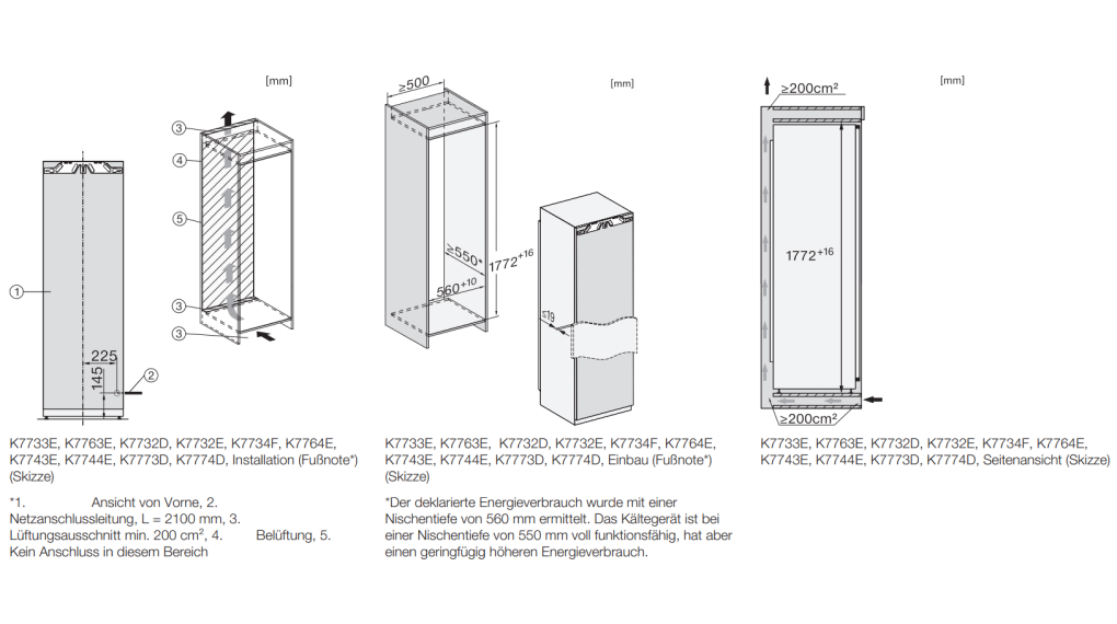 Tủ lạnh âm tủ Miele 296 lít K 7777C PerfectFresh Active - Kích thước lắp đặt Tủ lạnh âm tủ Miele 296 lít K 7777C PerfectFresh Active
