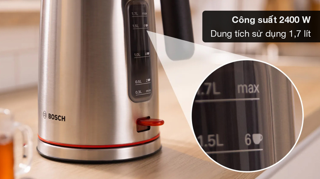 Bình đun siêu tốc Bosch TWK6M480 MyMoment - Công suất 2000 W hoạt động mạnh mẽ
