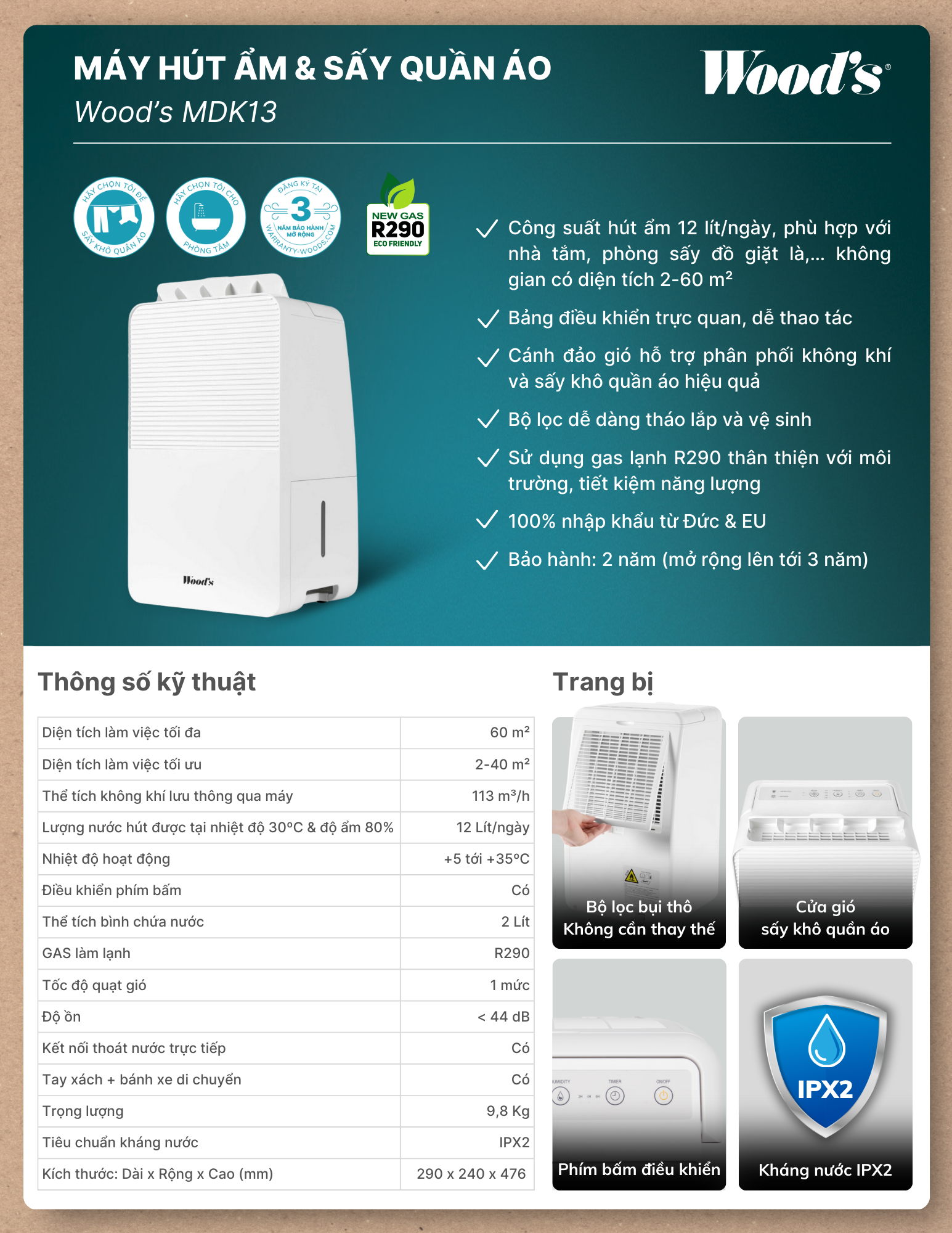 Máy hút ẩm Wood's MDK13 - Thông số sản phẩm MDK13 2 1 Gia Dụng Đức Đà Nẵng