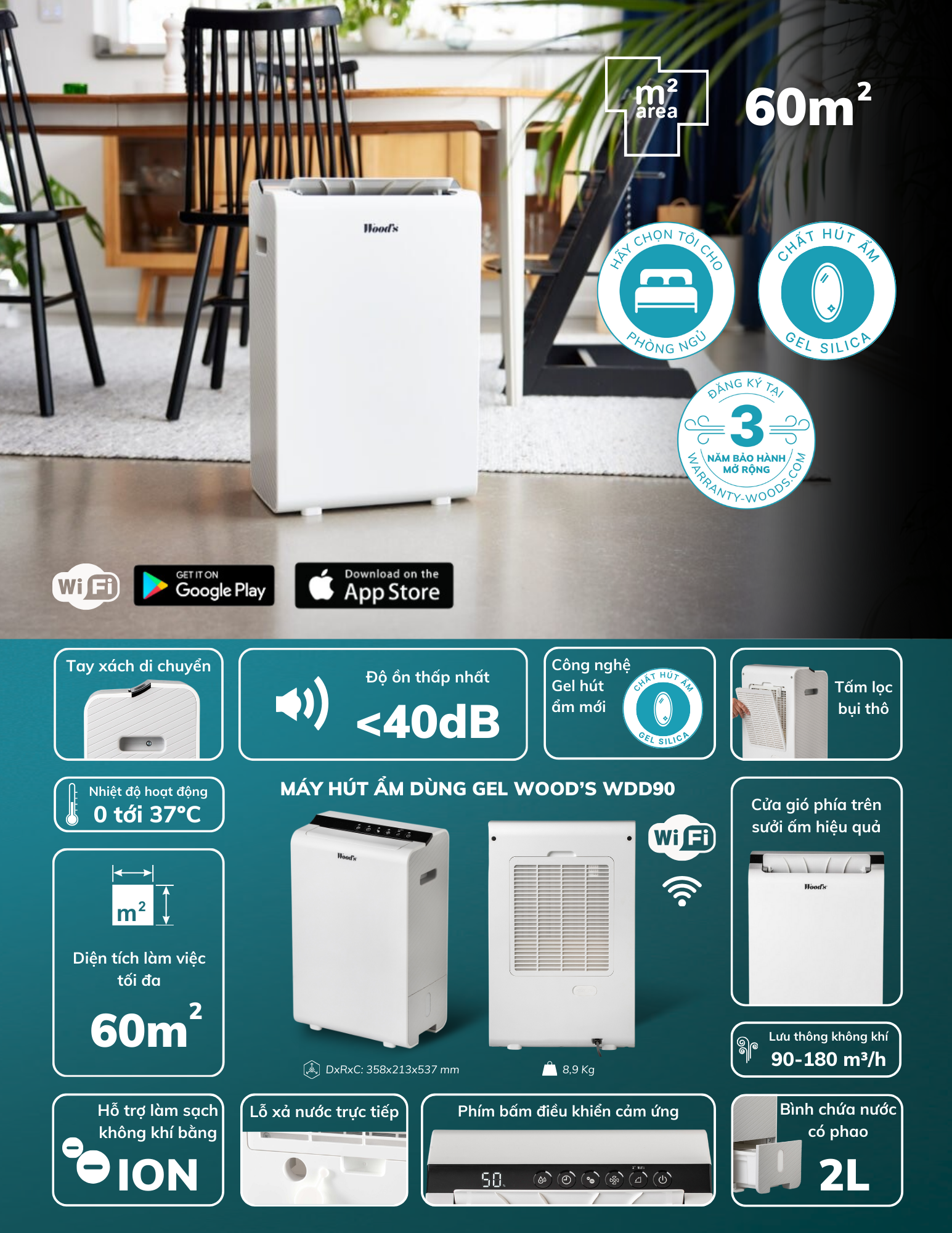 Máy hút ẩm kèm lọc không khí Wood's WDD90 - Thông tin sản phẩm Máy hút ẩm kèm lọc không khí Wood's WDD90