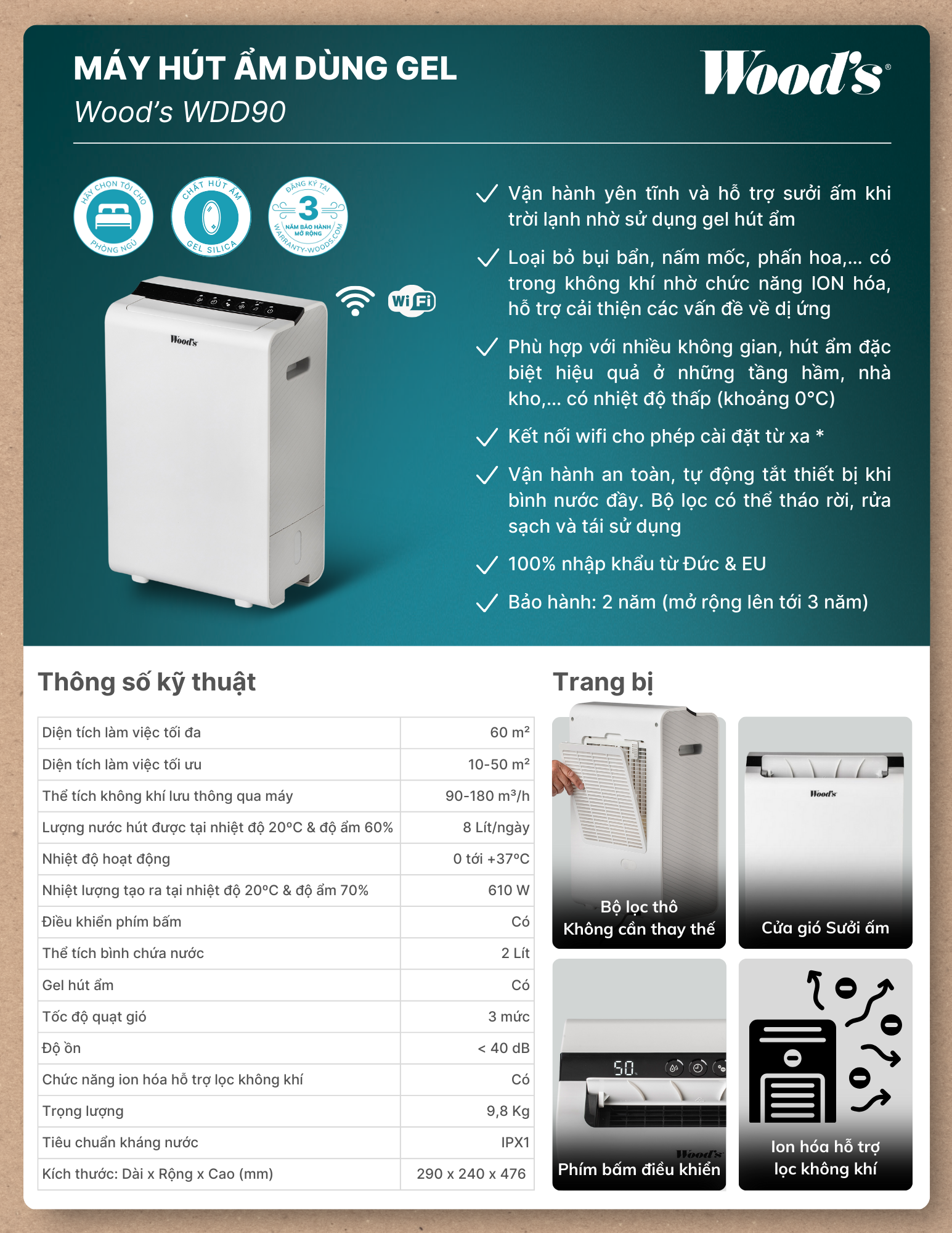 Máy hút ẩm kèm lọc không khí Wood's WDD90 - Thông tin sản phẩm Máy hút ẩm kèm lọc không khí Wood's WDD90