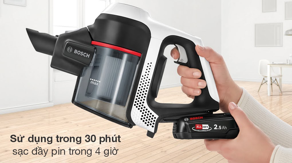 Máy hút bụi không dây Bosch BCS61113 Unlimited 6 - Thời gian sạc và sử dụng may hut bui khong day bosch bcs61113 unlimited 6 3 1 Gia Dụng Đức Đà Nẵng